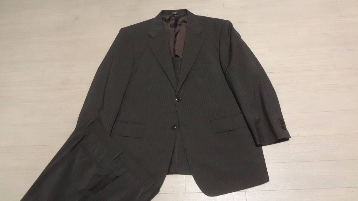 特大サイズ165cmW92cm BE4★イタリア製estrato×SavileRow★上質2Bスーツ/茶濃グレー織りストライプ★背抜き★シングル２釦★ビジネス