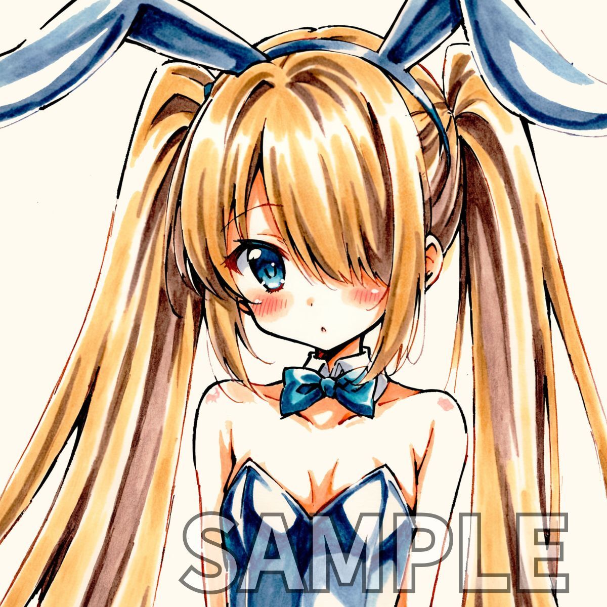 手描きオリジナルイラスト バニーガール 金髪 ツインテール 美 手描きオリジナルイラスト バニーガール 金髪 ツインテール 美