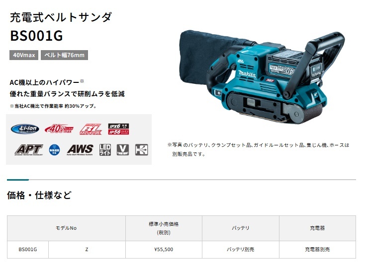 (マキタ) BS001GZ 充電式ベルトサンダ 本体のみ ベルト幅76mm 40Vmax対応 makita_画像2