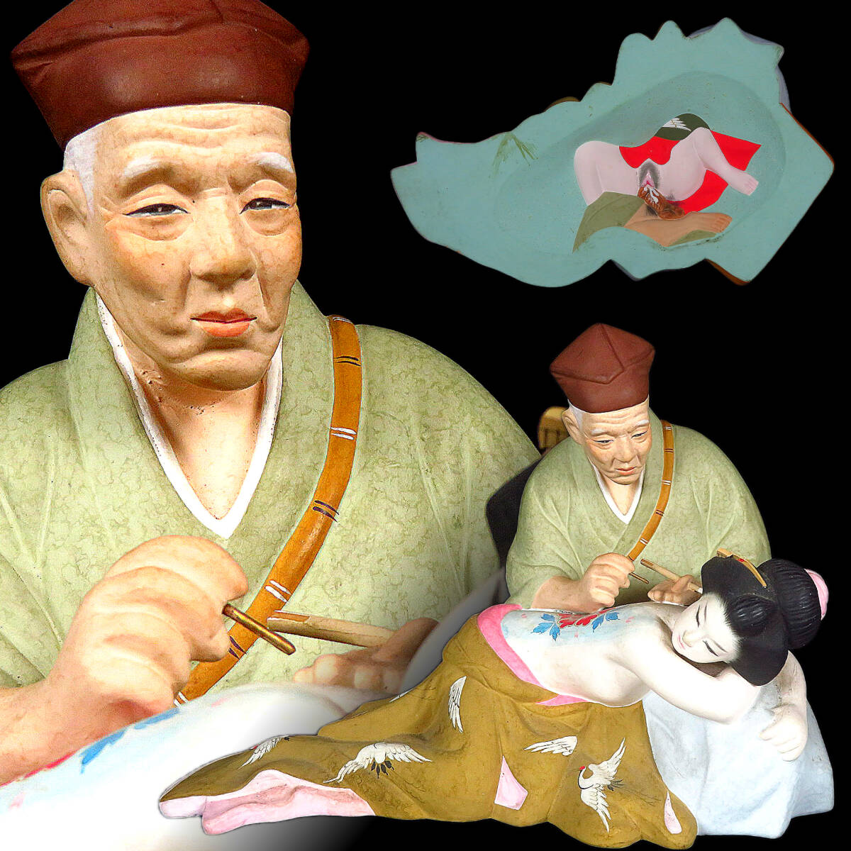 極上品 細密色絵 特大 博多人形 刺青 彫師遊女 花魁 裏絵春画 極上品 細密色絵 特大 博多人形 刺青 彫師遊女 花魁 裏絵春画