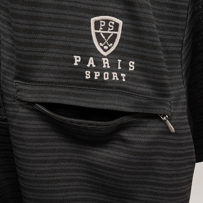 パリス スポーツ PARIS SPORT ゴルフ ハイネックポロ ポロシャツ ボーダー ハーフジップ 半袖 ポリ100% M ネイビー 紺×黒×赤 メンズ_画像2