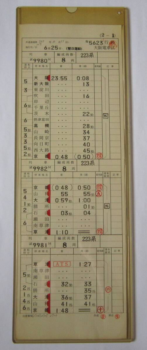 運転時刻表 スタフ (223系試運転セット) 