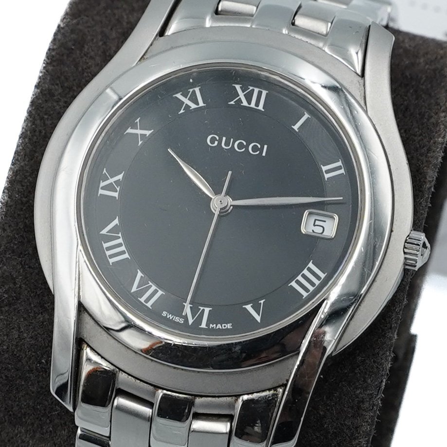 1円 稼働 美品 箱/コマ1付 GUCCI グッチ 5500M YA055302 QZ クオーツ デイト 3針 黒文字盤 SS 腕時計 メンズ ラウンド 0638020240917