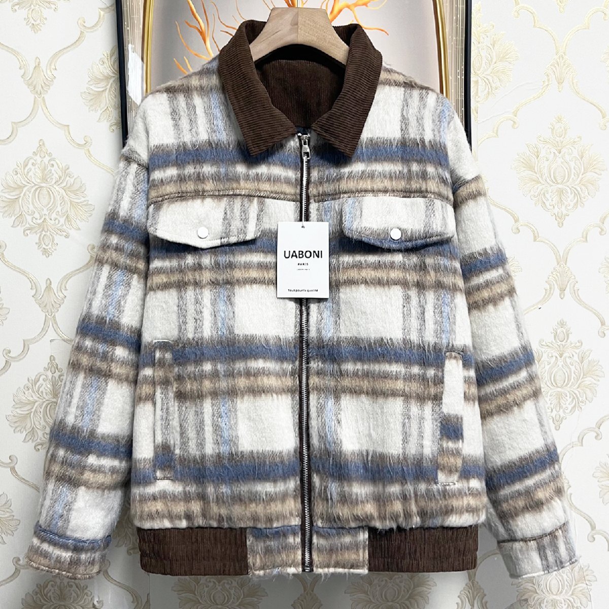 上級EU製＆定価7万◆UABONI*Paris*ジャケット*ユアボニ*パリ発◆上質ミンク/カシミヤ混 防寒 モフモフ チェック柄 コート 通勤 秋冬 L/48