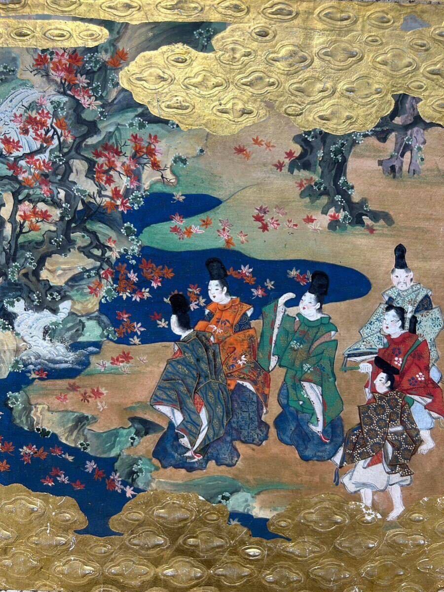 やまと絵 額装 金箔 肉筆 彩色 秋風景 紅葉 日本 風景 平安 美術 やまと絵 額装 金箔 肉筆 彩色 秋風景 紅葉 日本 風景 平安 美術