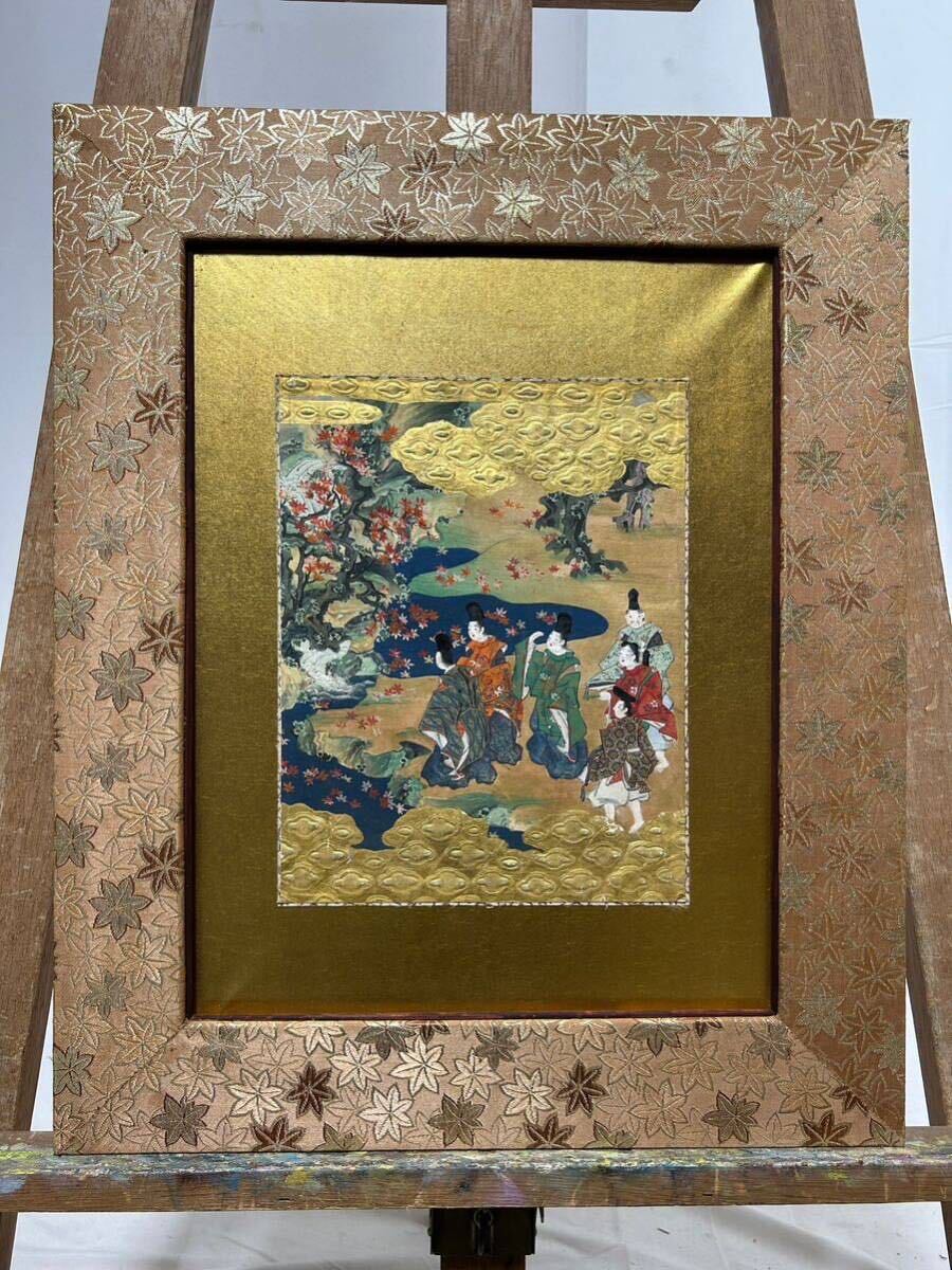 やまと絵 額装 金箔 肉筆 彩色 秋風景 紅葉 日本 風景 平安 美術 やまと絵 額装 金箔 肉筆 彩色 秋風景 紅葉 日本 風景 平安 美術