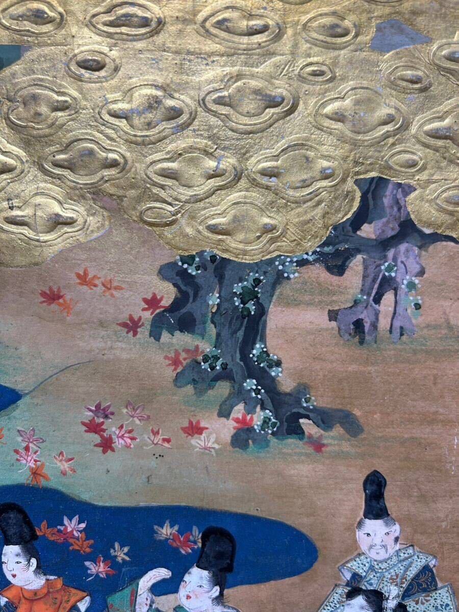 やまと絵 額装 金箔 肉筆 彩色 秋風景 紅葉 日本 風景 平安 美術 やまと絵 額装 金箔 肉筆 彩色 秋風景 紅葉 日本 風景 平安 美術