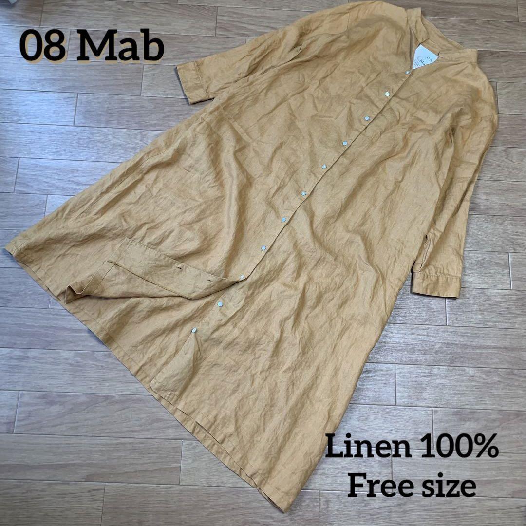 08Mab リネン100% バンドカラー ロングシャツワンピース 貝ボタン 08Mab リネン100% バンドカラー ロングシャツワンピース 貝ボタン