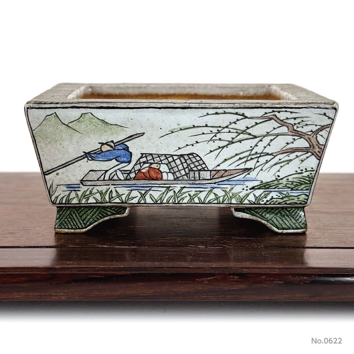 【谷樂方山】色絵山水人物図長方鉢　盆栽／鉢／植木鉢