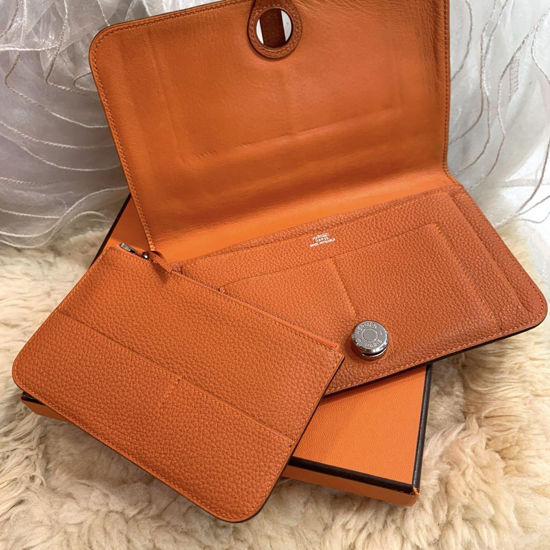 ☆美品☆HERMES ドゴンGM 二つ折り長財布 トゴ オレンジ シルバー金具