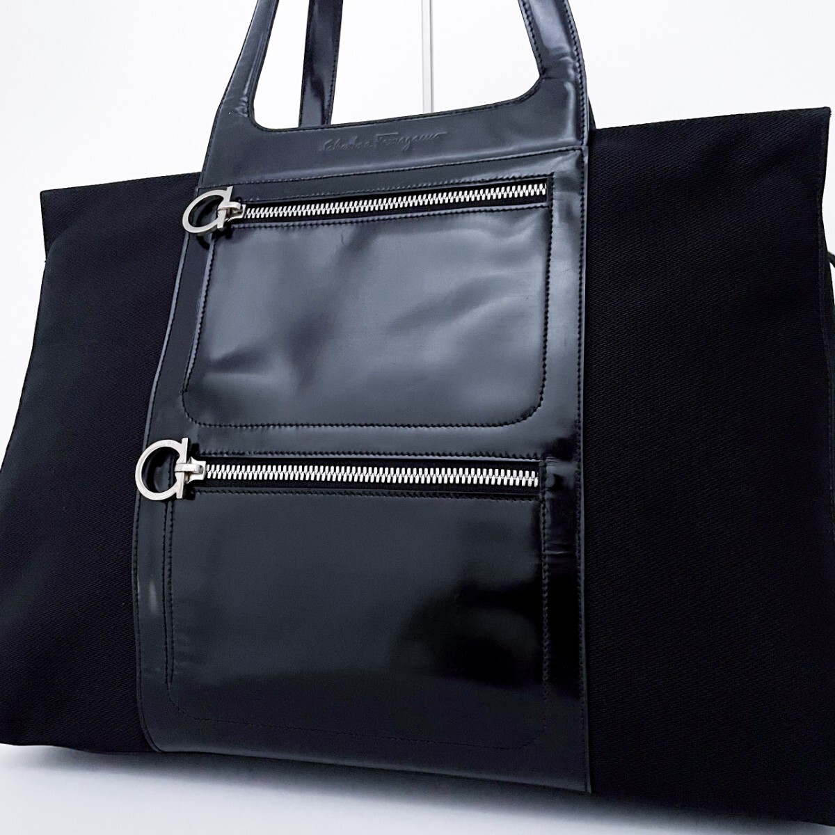 1円■入手困難■Salvatore Ferragamo フェラガモ キャンバス トートバッグ ビジネス ブリーフケース A4 大容量 メンズ レディース ブラック