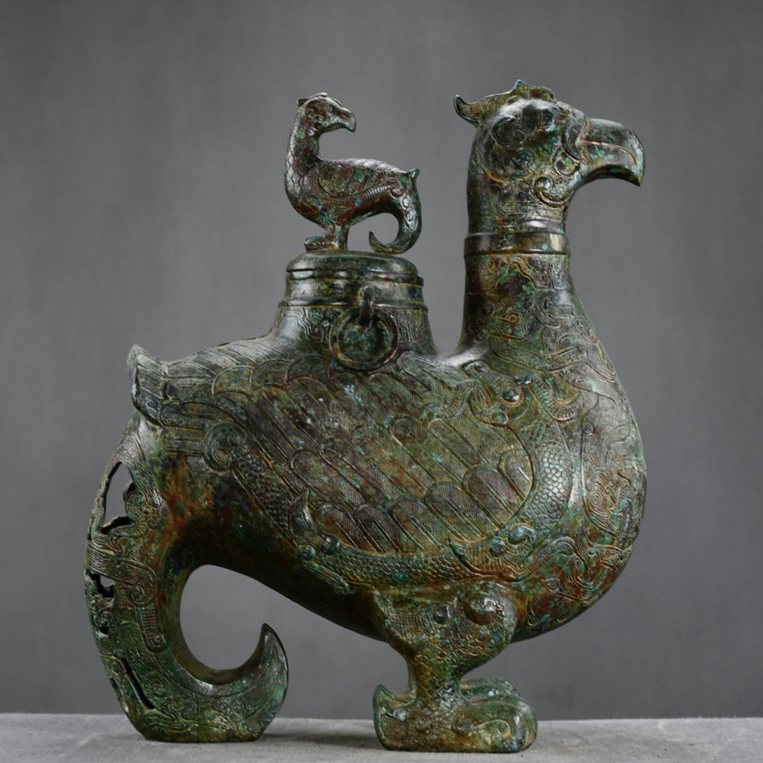 旧蔵 西周時期 青銅 鳳鳥扁壺 置物 銅製品 青銅器 極細工 希少 旧蔵 西周時期 青銅 鳳鳥扁壺 置物 銅製品 青銅器 極細工 希少