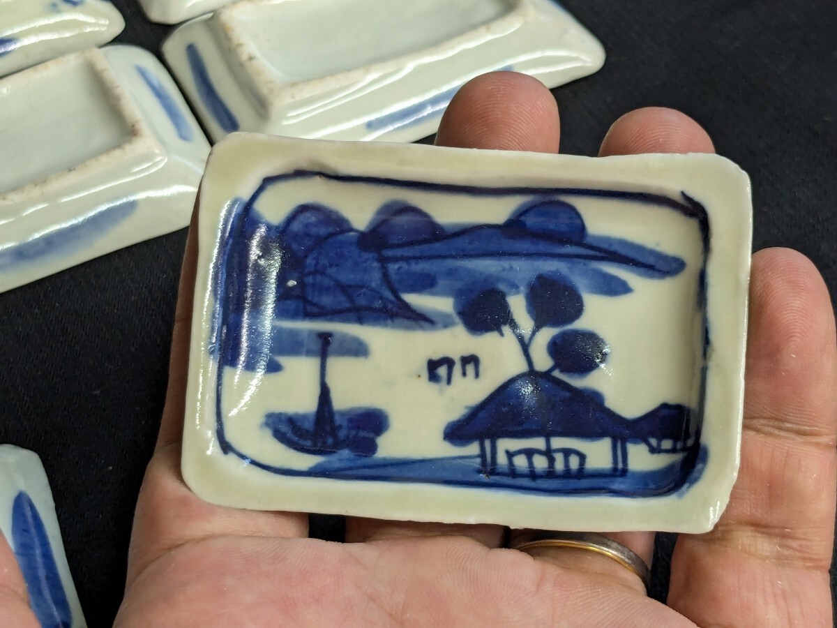 古伊万里 染付 山水図 豆皿 角皿 八客 幅約7.8cm 型物(染付 古伊万里 染付 山水図 豆皿 角皿 八客 幅約7.8cm 型物(染付