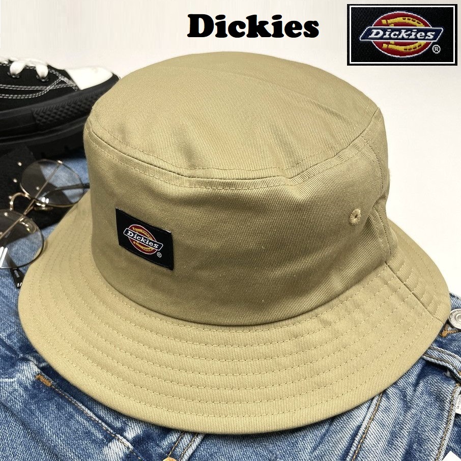 Dickies ベージュ バケットハット アウトドア キャンプ ゴルフ 帽子 バイク スポーツ レトロ ロゴブラックワッペン ディッキーズ
