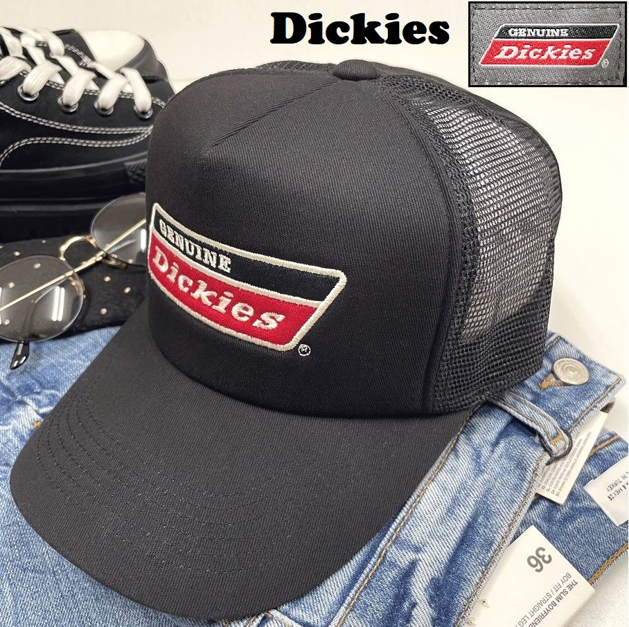 Dickies ブラック メッシュキャップ アウトドア キャンプ ゴルフ 野球帽子 バイク トラック ワッペン コットン 生地 ディッキーズ