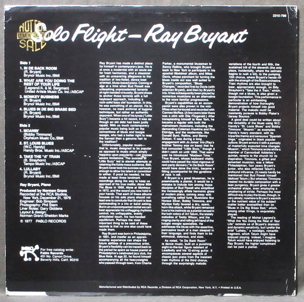 米プロモスタンプ(LP) RAY BRYANT [SOLO FLIGHT] 光沢ジャケ/オリジナル内袋有り/1977年/PABLO/2310-798_画像2
