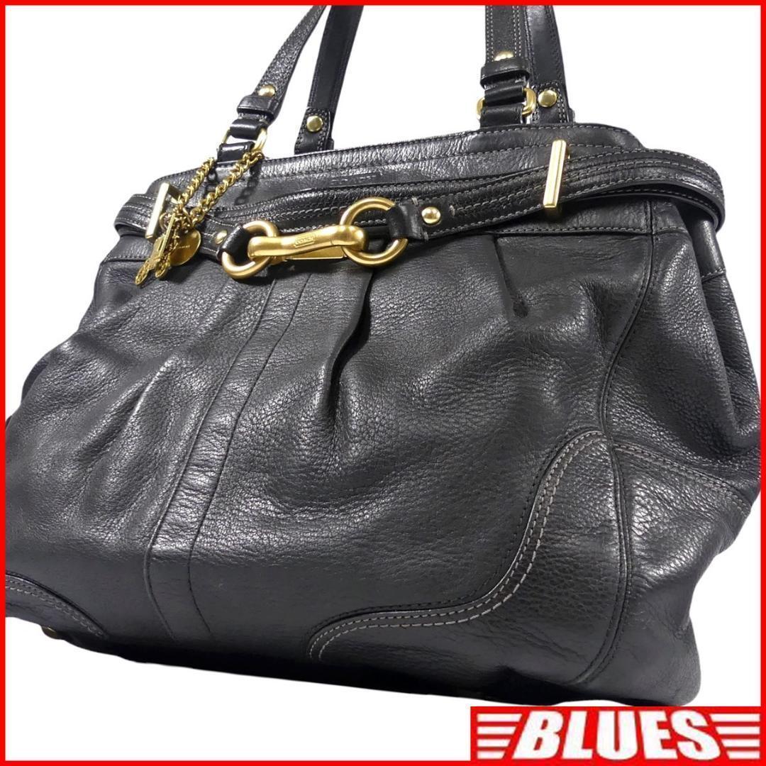即決★COACH★オールレザーハンドバッグ コーチ 黒 ブラック 馬車 本革 手提げバッグ 本皮 ショルダー 旅行 肩掛けカバン