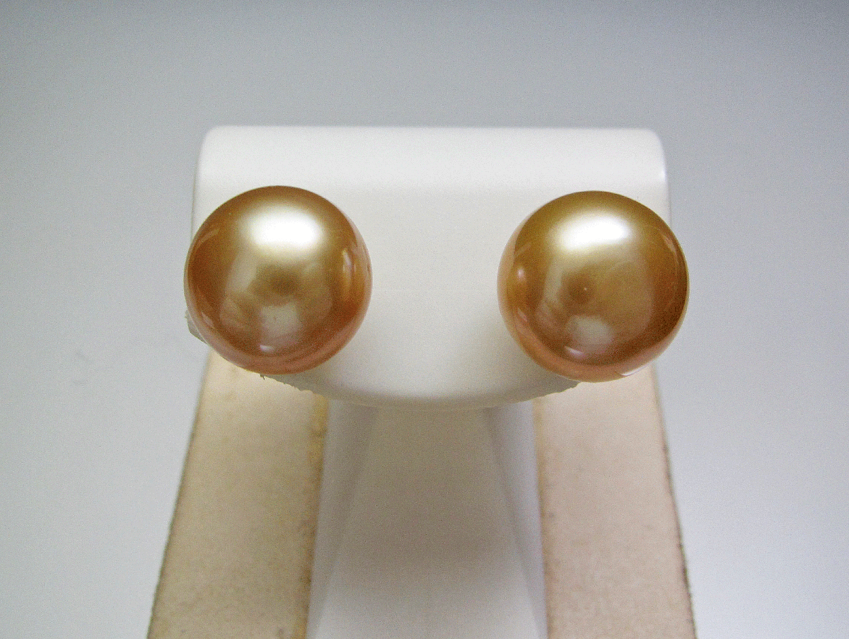 ★1円～新品未使用★白蝶真珠 ナチュラルゴールデンパール ピアス 12.8mm Pt.900 G-C1C★