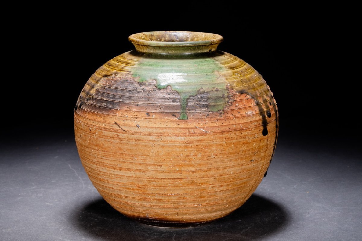 【善古堂】某有名オークション買入 時代物 施釉陶器 三彩在銘 花壺 花入 花生 和風インテリア 骨董品 古美術0825-494S01