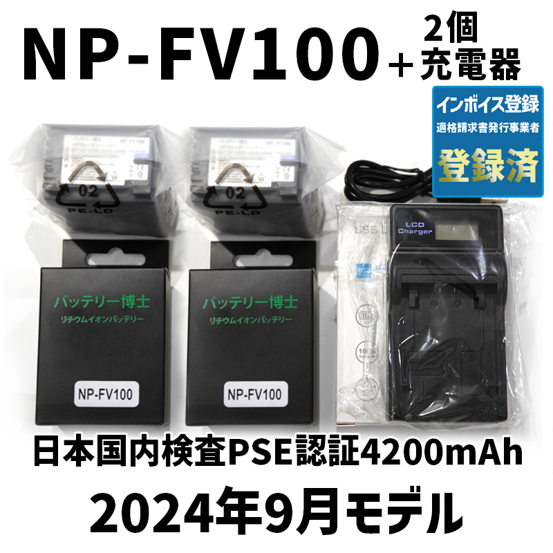 PSE認証2024年9月モデル NP-FV100 互換バッテリー 2個 + USB急速充電器 FDR-AX30 AX45 AX60 AX100 AX700 HDR-CX680 NP-FV50 NP-FV70 FH100