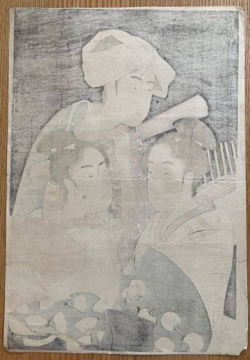 真作 大正期 浮世絵木版画 喜多川歌麿 青楼仁和嘉女芸者之部 扇 真作 大正期 浮世絵木版画 喜多川歌麿 青楼仁和嘉女芸者之部 扇