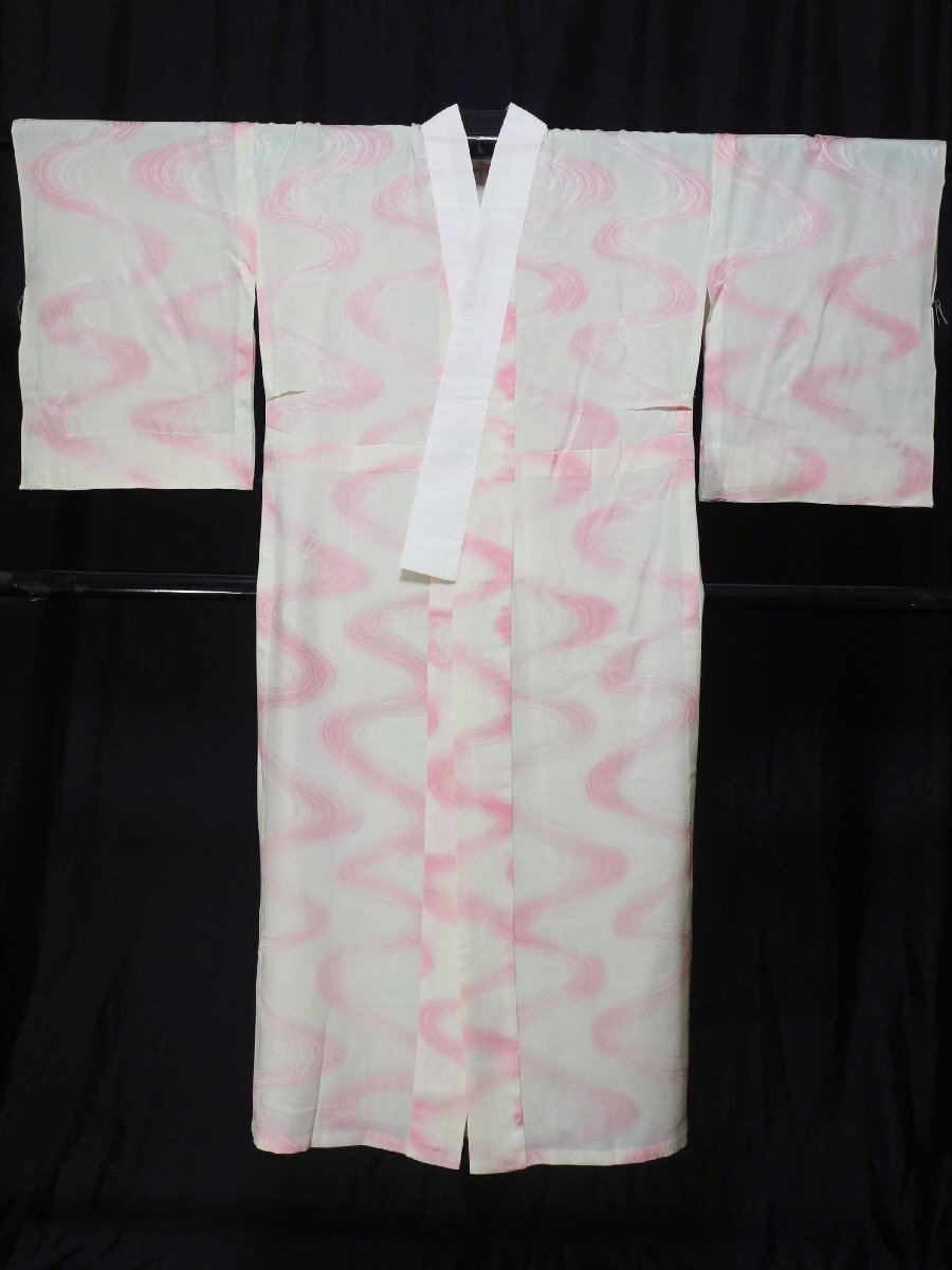 《花小袖》長襦袢 単衣 袖 単衣；白地 ピンクの流水・130.5㎝