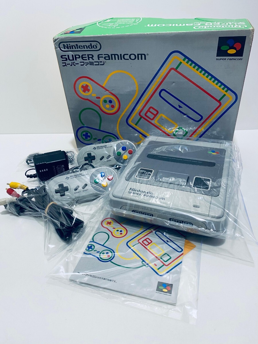 美品/動作品 Nintendo 任天堂 スーパーファミコン SHVC-001コントローラ ACアダプター AVケーブル 箱付,セット希少品 レトロゲーム(D-42)