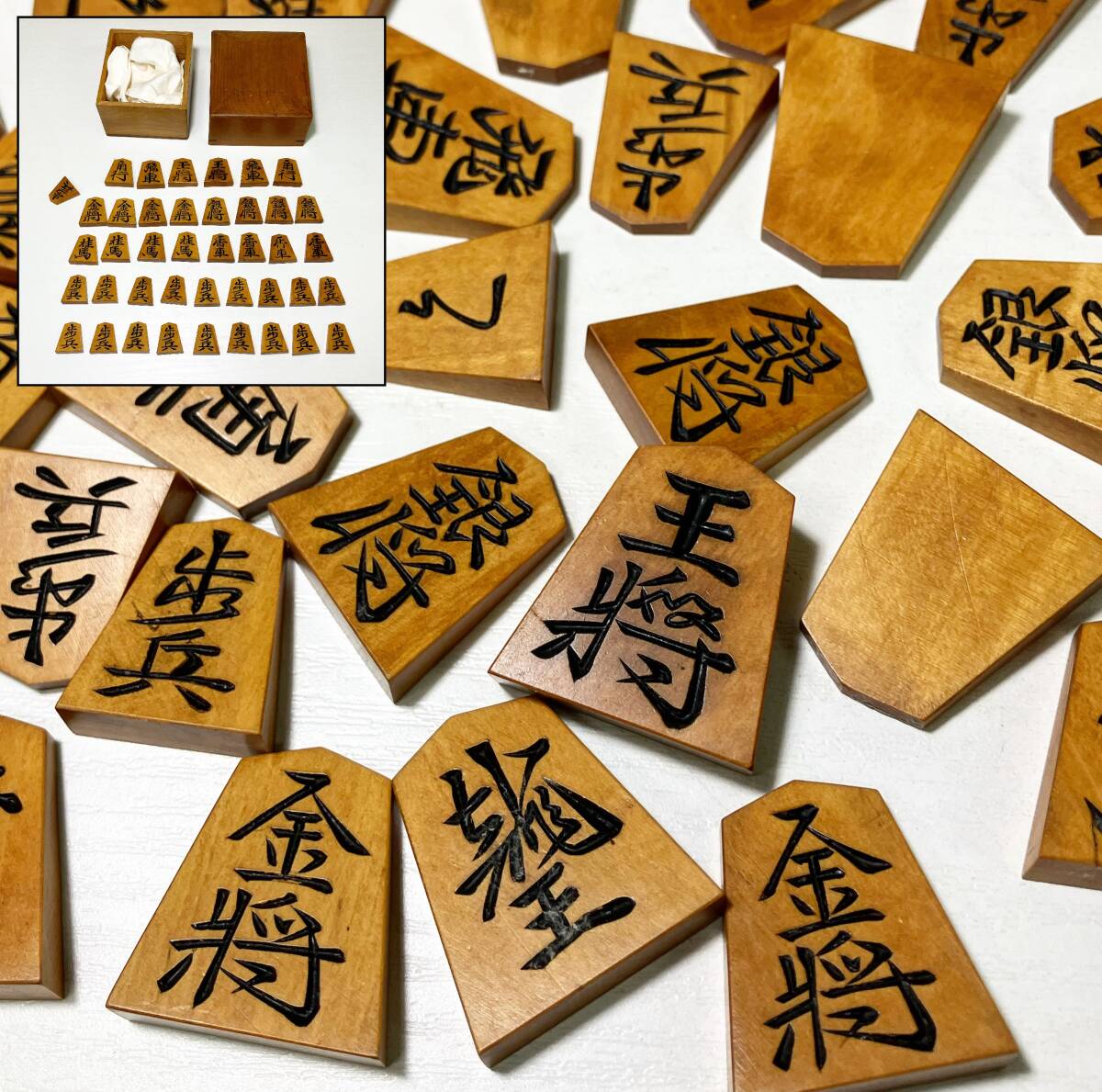 京都⑥ 整理品21 高級将棋道具 黄楊斑杢彫 将棋駒 箱付 個人保管品