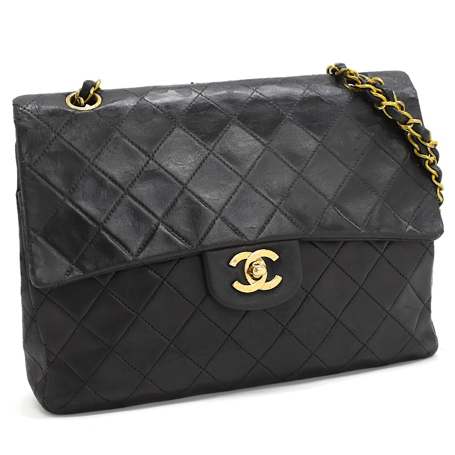 シャネル チェーンショルダーバッグ Wチェーン Wフラップ ターンロック マトラッセ ココマーク レザー ブラック CHANEL
