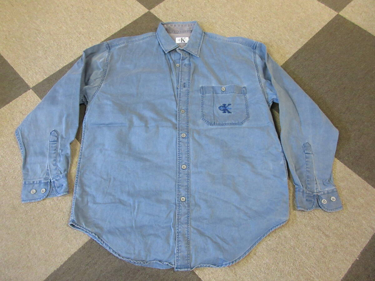 90s00s カルバンクライン シャツ M 紺 刺繍 コットン ツイル ヴィンテージ オールド アーカイブ CALVIN KLEIN ポケット CK