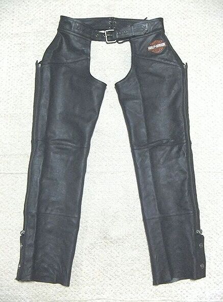 美品:ハーレーダビッドソン.レザー チャップス L(黒/上質.牛革/ジップ開/バイカー/ツーリング/W81-93.総丈98/レザーパンツ/vanson degner)