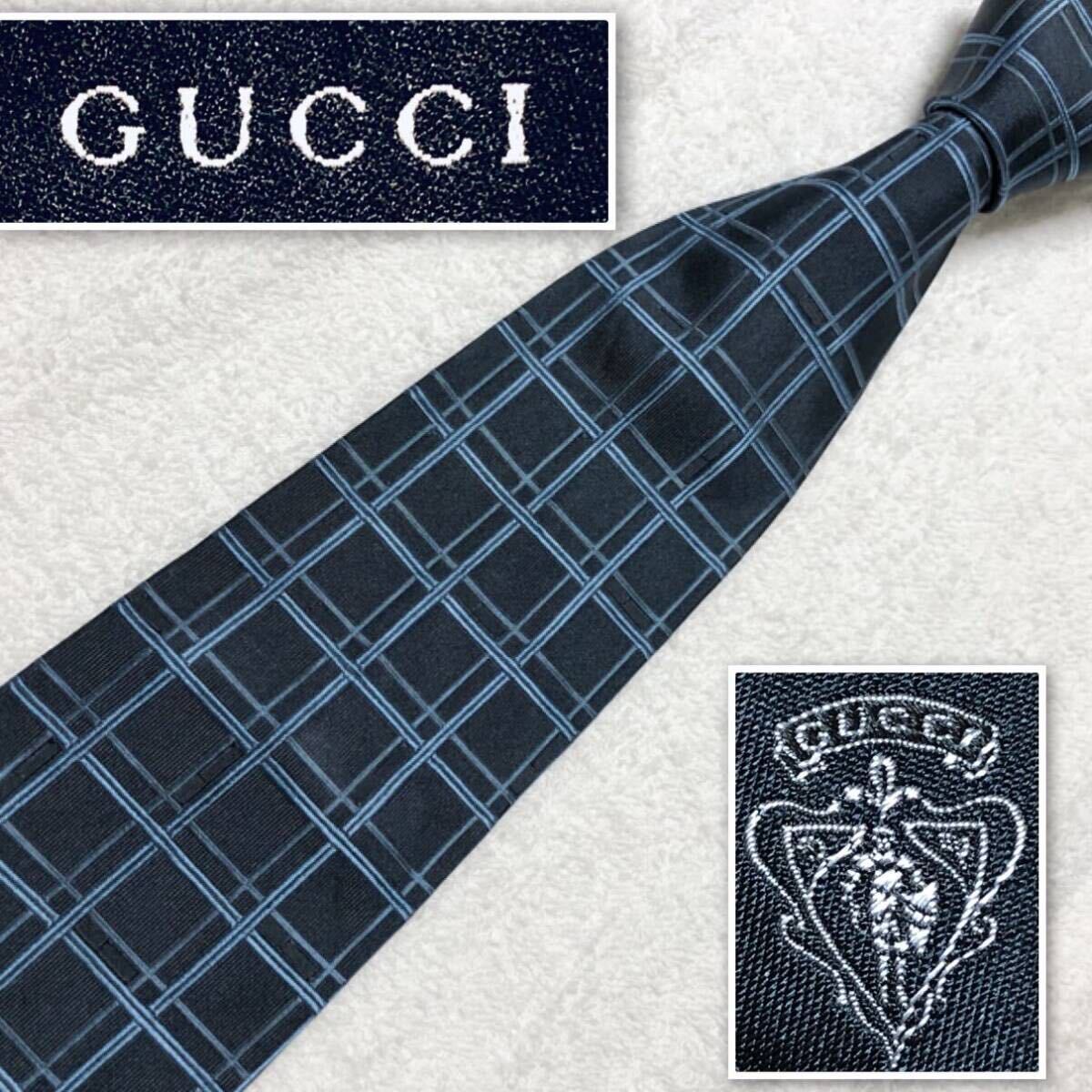 ■良品■GUCCI グッチ　ネクタイ　格子　シルク100% イタリア製　ブルー系　ビジネス