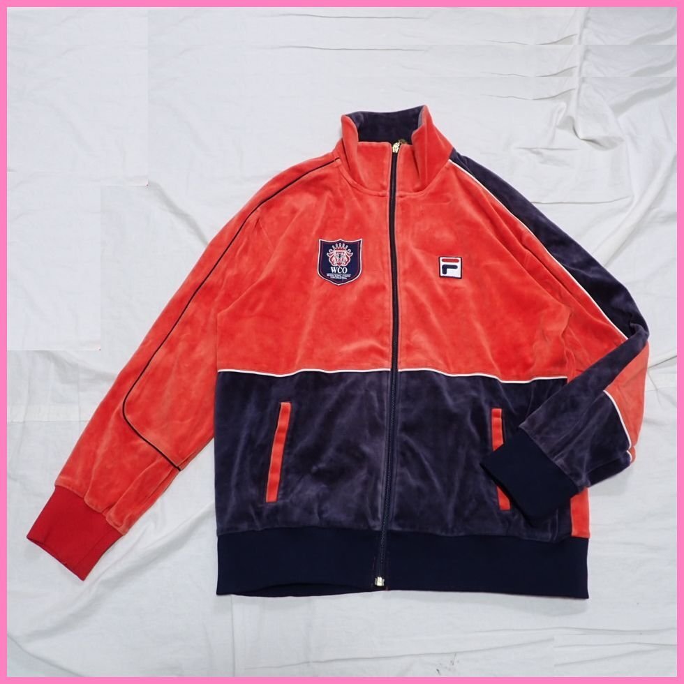 ★FILA/フィラ WCOコラボ ベロアトラックジャケット メンズXL/オレンジ×ネイビー/ロゴワッペン&1948400045