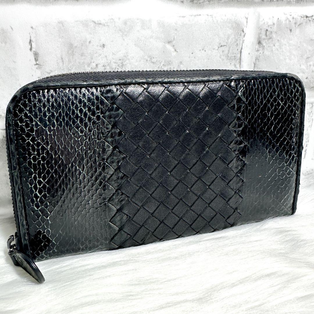 ボッテガべネタ 長財布 ラウンドファスナー イントレチャート パイソン 黒 希少 ボッテガヴェネタ パイソン 長財布 ラウンドジップ
