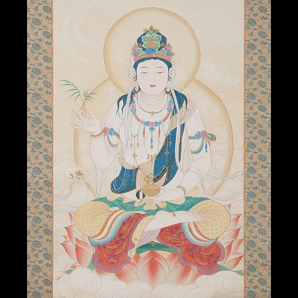 五 徳星 仏画 聖観音 絹本 彩色 掛軸 共箱(人物、菩薩)|売買 五 徳星 仏画 聖観音 絹本 彩色 掛軸 共箱(人物、菩薩)|売買