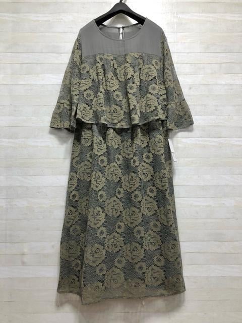 新品☆4Lくすみカラー?レースデザイン?重ね著風(fēng)ワンピース?パーテ?！預(yù)211