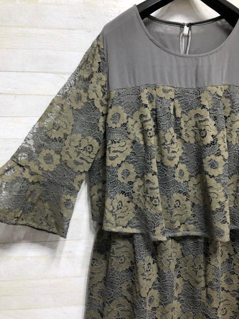 新品☆4Lくすみカラー?レースデザイン?重ね著風(fēng)ワンピース?パーテ?！預(yù)211