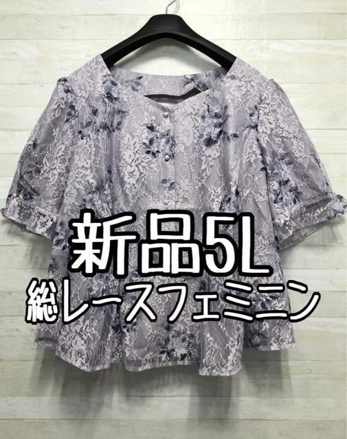 新品☆5Lくすみカラー♪総レース＆パール調ボタンフェミニンブラウス☆x890