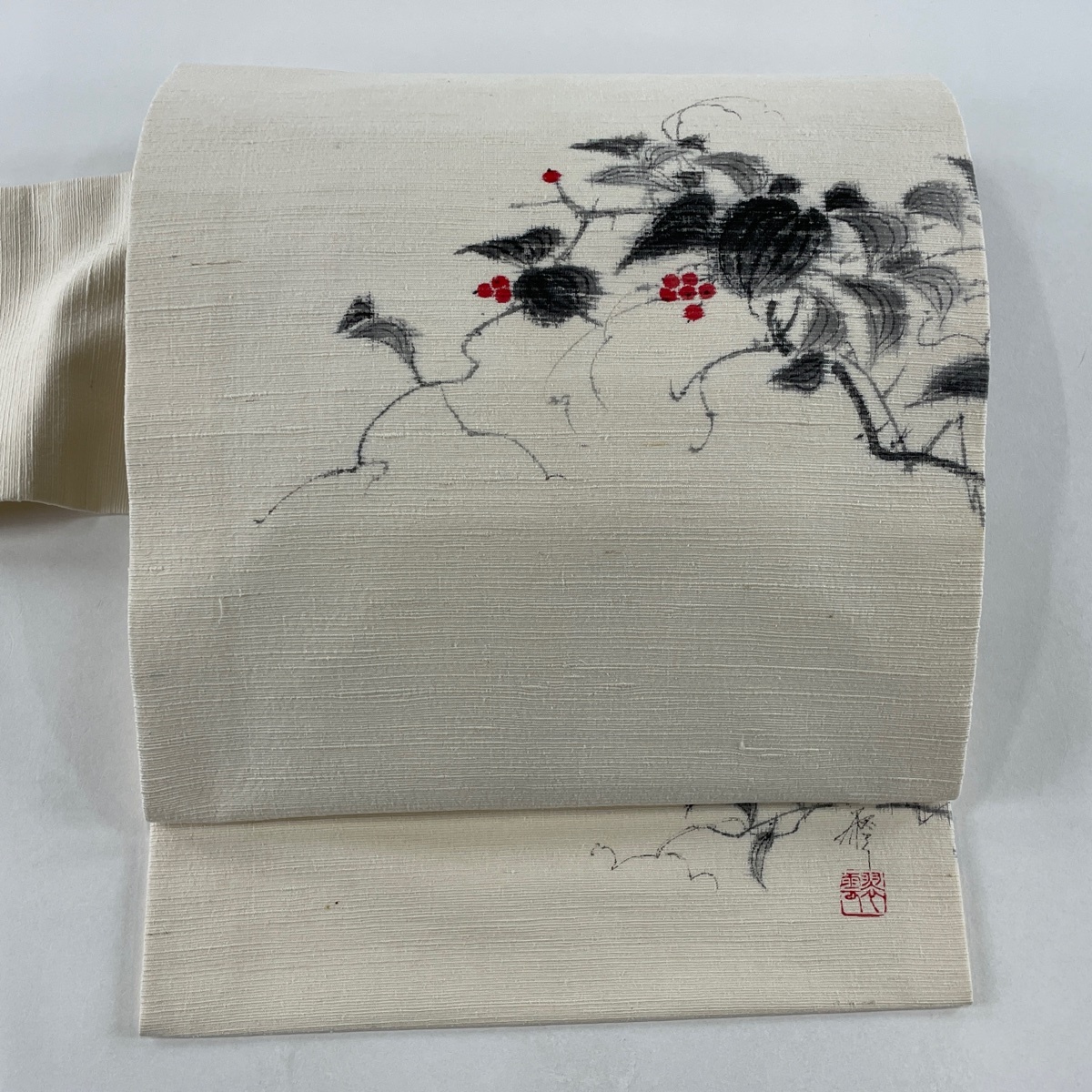 名古屋帯 美品 優品 落款 生り物 葉と実 クリーム 正絹 【中古】