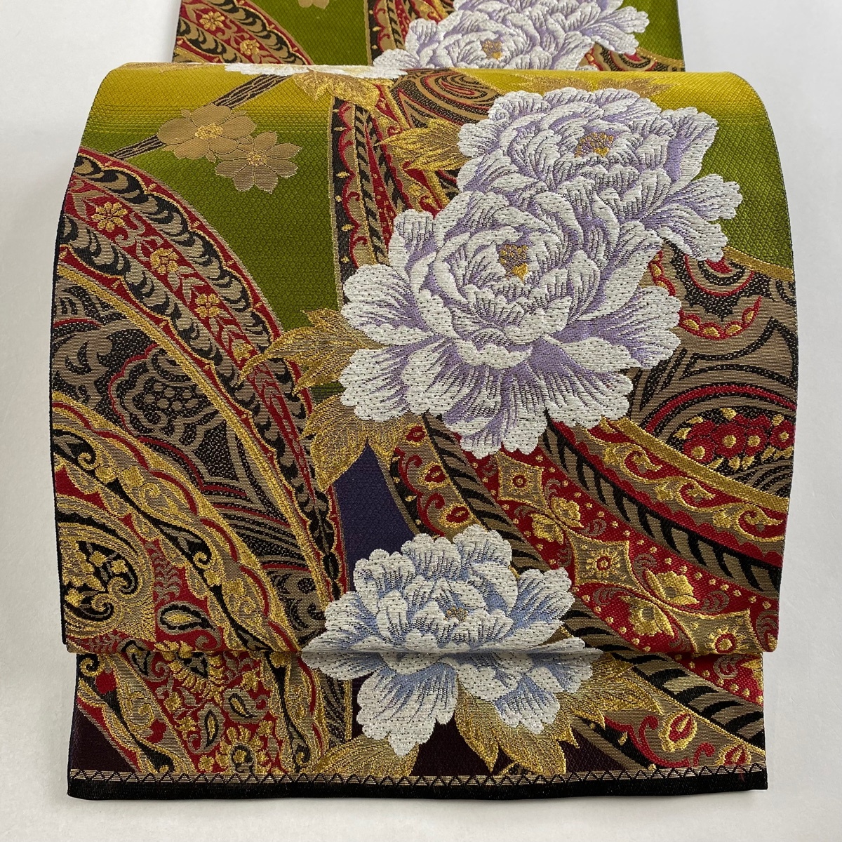 袋帯 美品 秀品 引箔 波頭 金銀糸 刺繍 紺色 六通 正絹 【中古 袋帯 美品 秀品 引箔 波頭 金銀糸 刺繍 紺色 六通 正絹 【中古