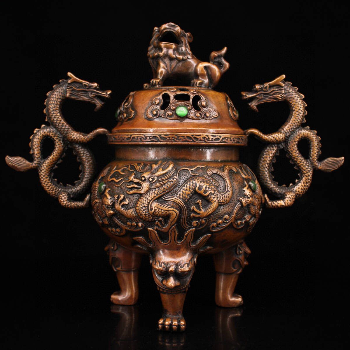 清・乾隆年製款・紫銅製・寶石嵌・三足龍耳熏香炉・逸品 清・乾隆年製款・紫銅製・寶石嵌・三足龍耳熏香炉・逸品