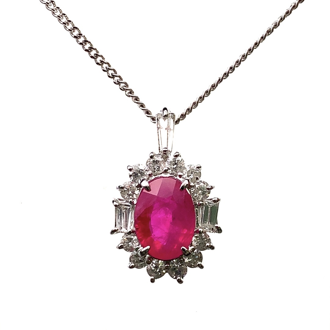 ミャンマー ルビー 1.31ct ダイヤモンド ネックレス ペンダントトップ K18WG ホワイトゴールド 42cm 2.3g 鑑別書