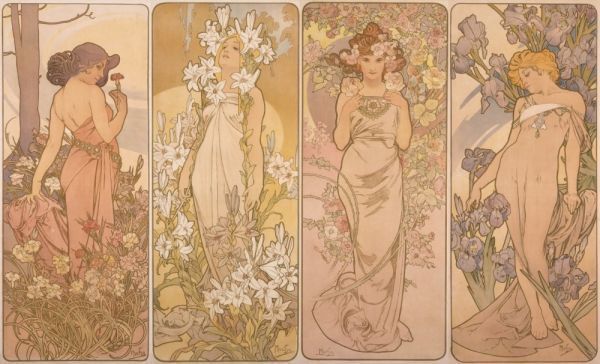 アルフォンス・ミュシャ 連作花4部作 1898年 4-flowers 絵画風 新素材壁紙ポスター 特大 950×576mm（はがせるシール式）005S1