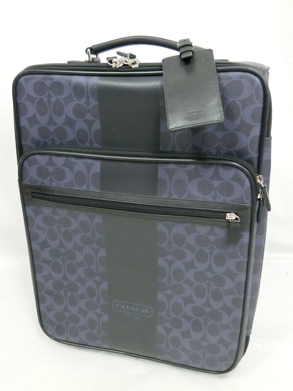 1000円スタート スーツケース COACH コーチ F77280 ヘリテージシグネチャーストライプホイールアロング 黒 青 2輪 キャリーバッグ HKS X732