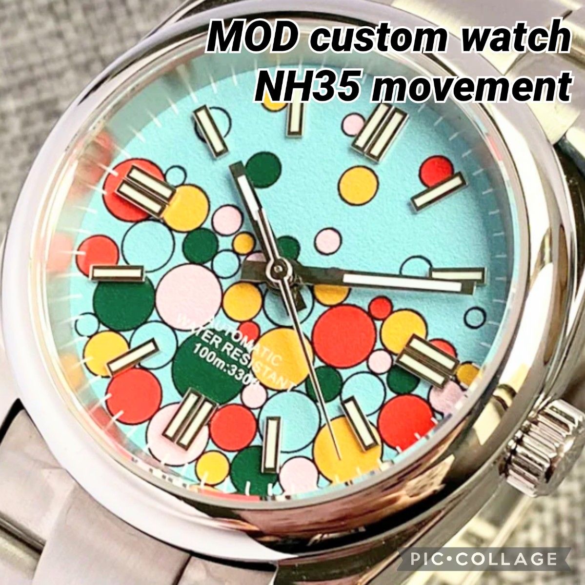 NH35 MOD 自動巻 39mm 腕時計 ノーロゴ セレブレーションモチーフ オマージュ ターコイズブルー 水色 水玉 NH35 MOD 自動巻 39mm 腕時計 ノーロゴ セレブレーションモチーフ オマージュ ターコイズブルー 水色 水玉