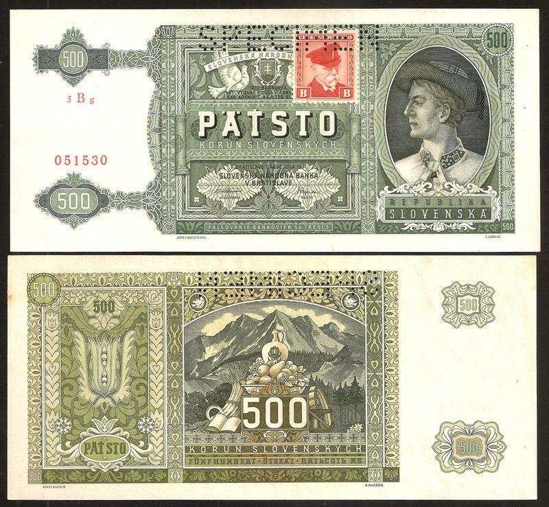 （B-27)チェコスロバキア　500コルン紙幣　1939年（見本紙幣）_画像1