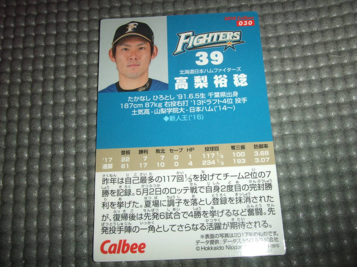 カルビーポテトチップス 野球カード 2018 北海道日本ハムファイターズ　高梨裕稔_画像2