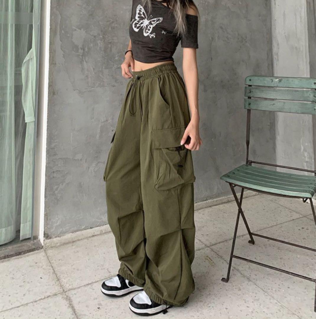 pala Shute pants cargo pants hem aperture stop green Korea Dance Street work pants unisex man and woman use popular Trend 