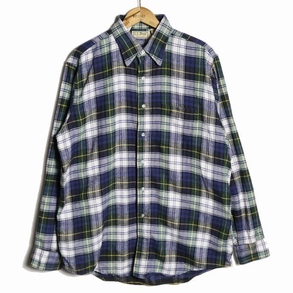 お歳暮ならオンライン 90’s USA製 LLビーン L.L.Bean タータンチェック コットン ネルシャツ 長袖 (L) 紺×緑系 フランネル 90年代 アメリカ製 旧タグ オールド 男性用