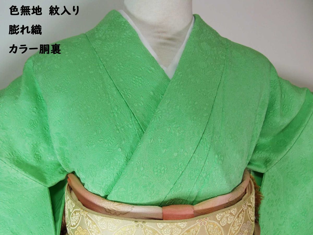 色無地 紋意匠 花文様地紋 膨れ織 抱き茗荷紋 正絹 カラー胴裏 色無地 紋意匠 花文様地紋 膨れ織 抱き茗荷紋 正絹 カラー胴裏